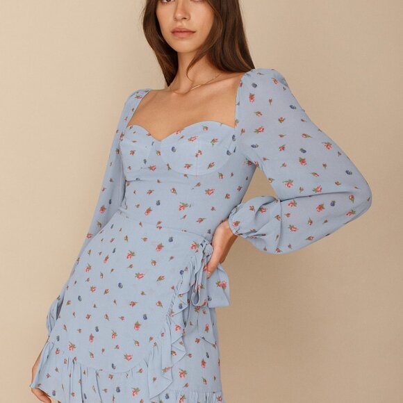 Reformation Blue Floral Cammi Dress Faux Wrap Long Sleeve Size 2 - Picture 4 of 8